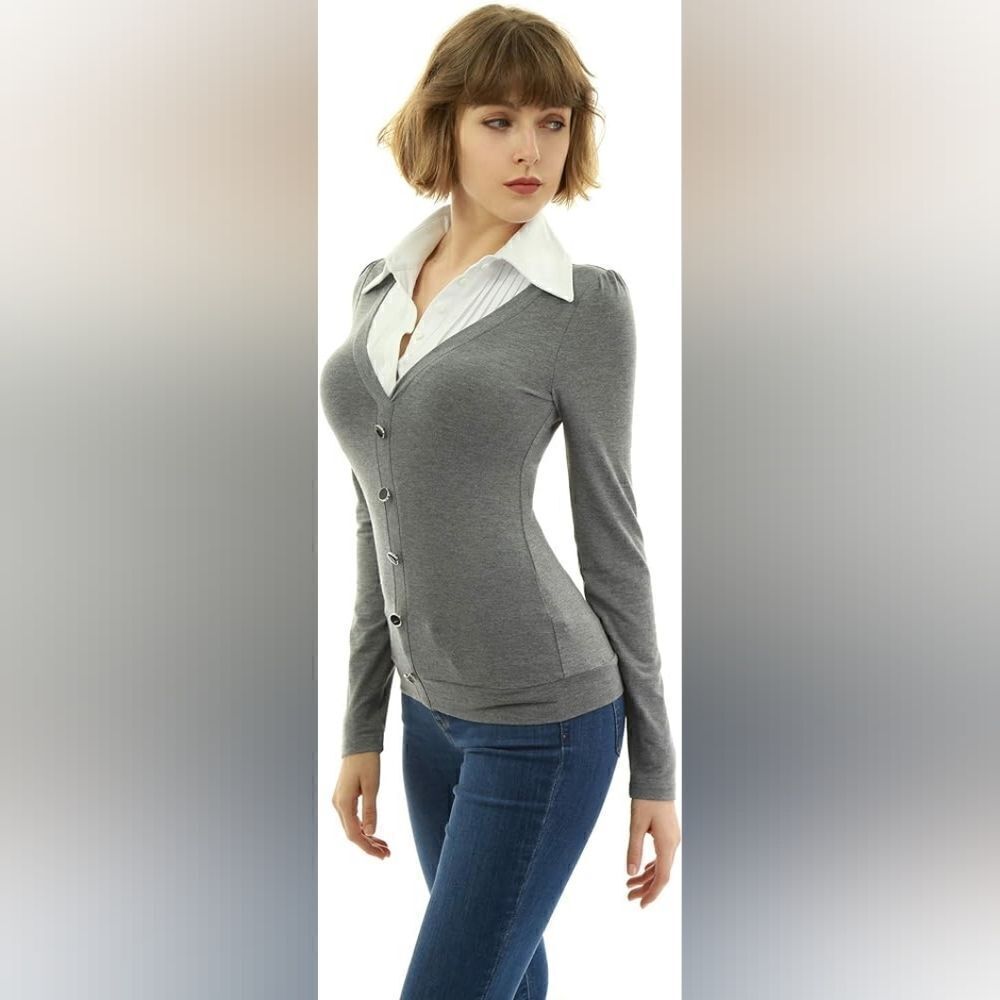 AmélieBoutik Women Shirt Collar Pleated 2 in 1 Style Pullover Blouse Top Gray S